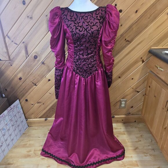 80s 90s Puff Sleeves Formal Vintage Dress Made‎ in USA Pink/Red Costume READ - Picture 1 of 15